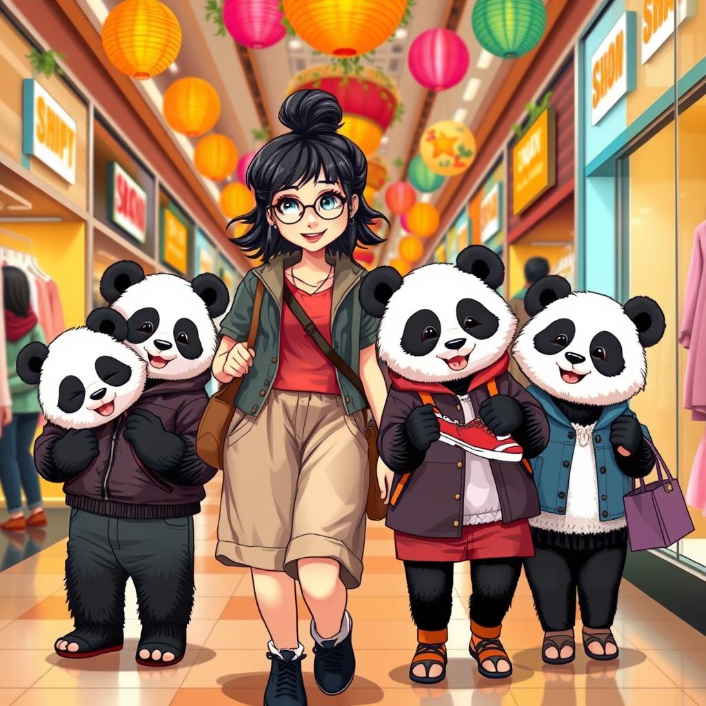 A delightful scene showcasing a casual animal panda mom shopping for clothes with her teenage twin pandas, a boy and a girl