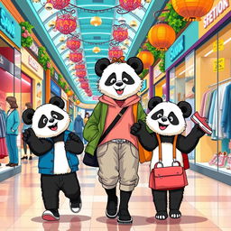 A delightful scene showcasing a casual animal panda mom shopping for clothes with her teenage twin pandas, a boy and a girl