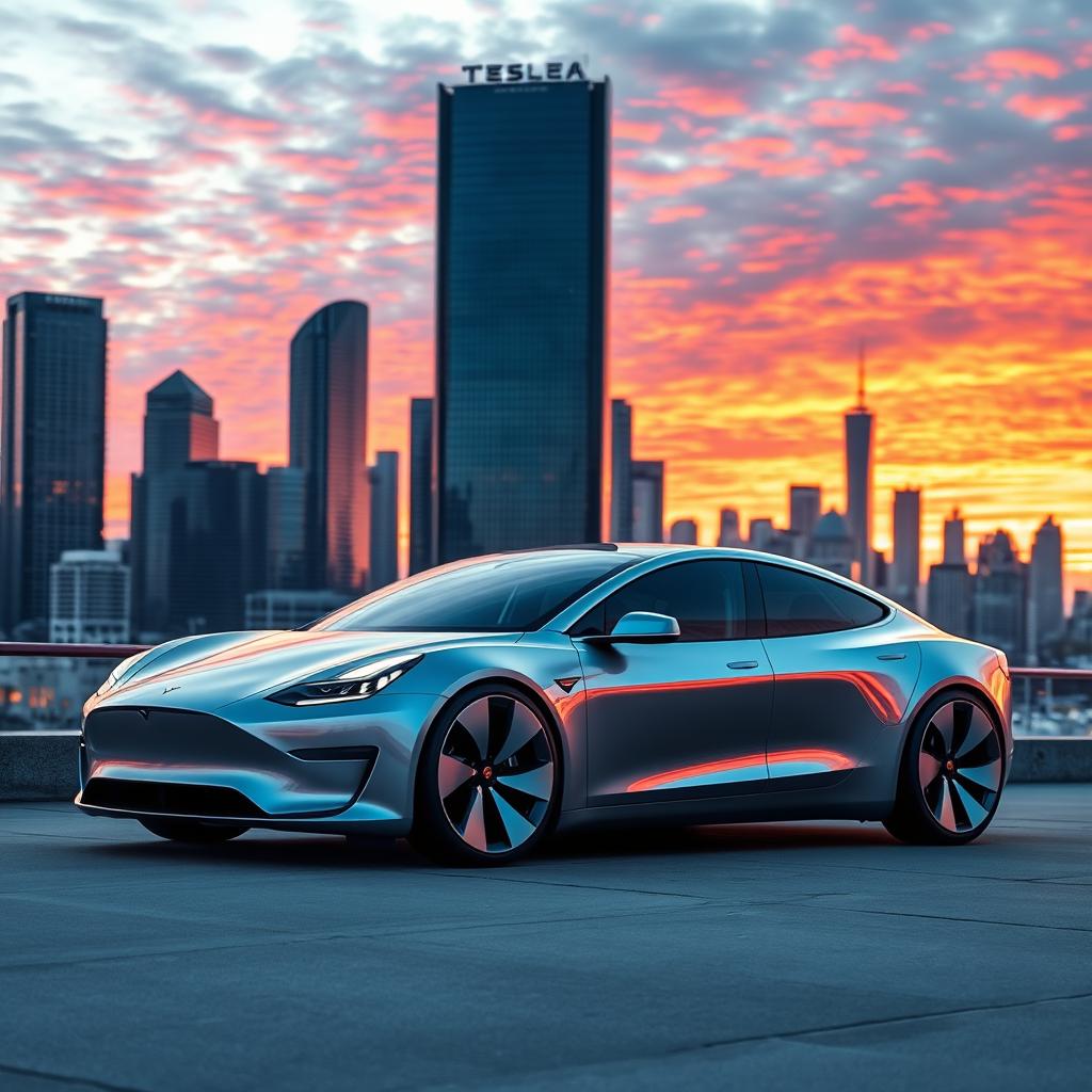 A futuristic Tesla electric car showcased against a stunning city skyline during sunset