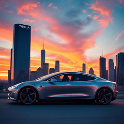 A futuristic Tesla electric car showcased against a stunning city skyline during sunset