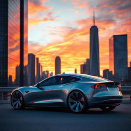 A futuristic Tesla electric car showcased against a stunning city skyline during sunset