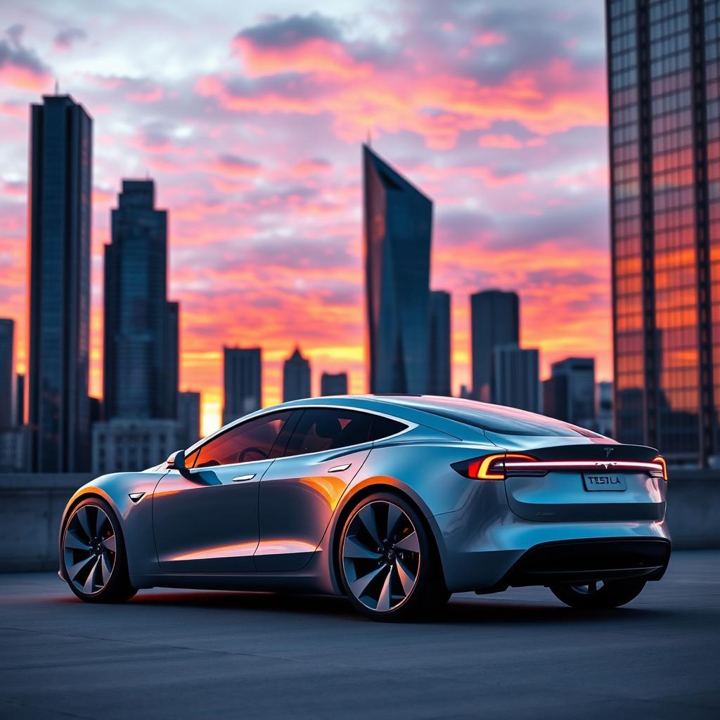 A futuristic Tesla electric car showcased against a stunning city skyline during sunset