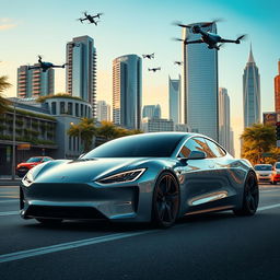 A futuristic Tesla electric car from the year 2030, featuring an innovative design with sharp, angular lines and a bold aerodynamic shape