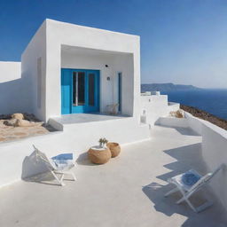 A small modern beach house showcasing Greek vibes, with white washed walls, blue accents and terraces overlooking the Aegean Sea.