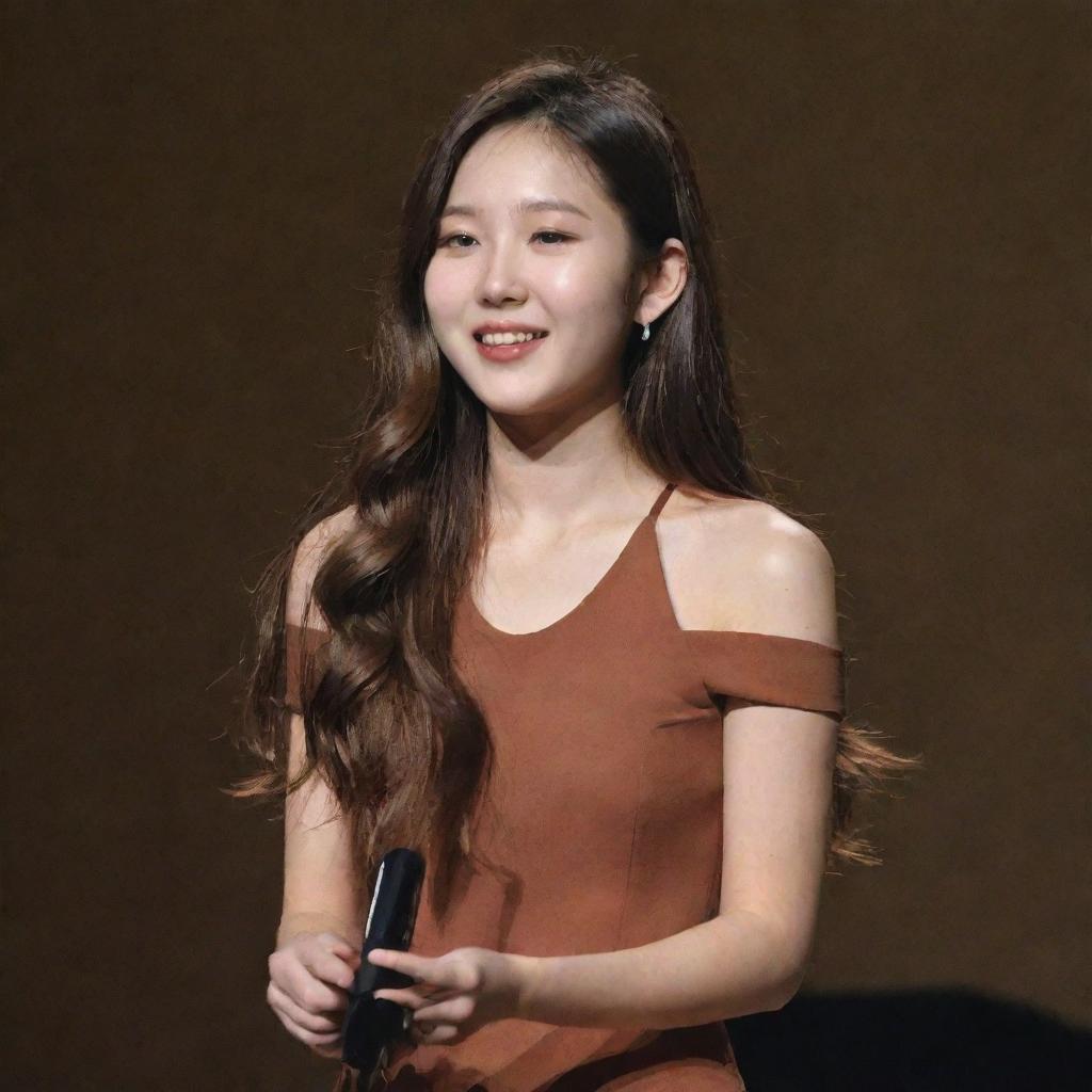 A Korean girl with Latin features, long brown hair, on stage giving a speech with her award.