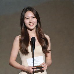 A Korean girl with Latin features, long brown hair, on stage giving a speech with her award.