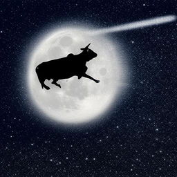 An enchanting depiction of a cheerful cow leaping over a luminous full moon in a star-filled celestial backdrop.