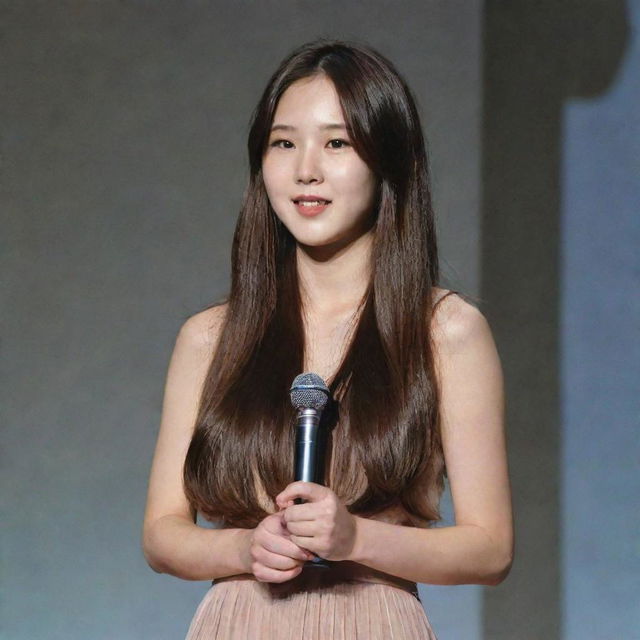 A Korean girl with Latin features, long brown hair, on stage giving a speech with her award.