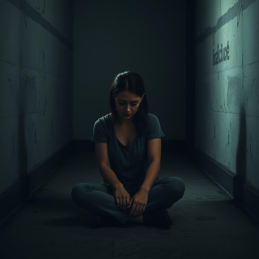 A somber and introspective scene of a woman sitting on the cold floor of a dimly lit asylum
