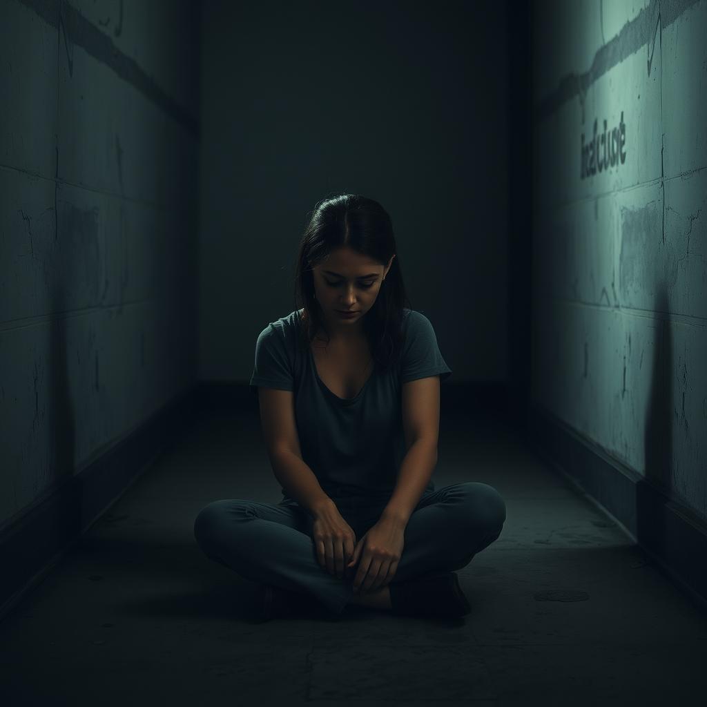 A somber and introspective scene of a woman sitting on the cold floor of a dimly lit asylum