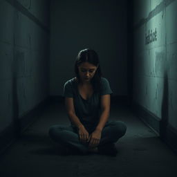 A somber and introspective scene of a woman sitting on the cold floor of a dimly lit asylum