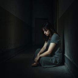 A somber and introspective scene of a woman sitting on the cold floor of a dimly lit asylum