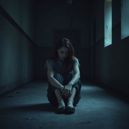 A somber and introspective scene of a woman sitting on the cold floor of a dimly lit asylum