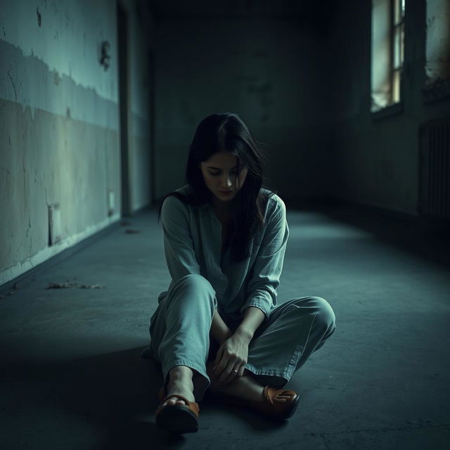 A somber and introspective scene of a woman sitting on the cold floor of a dimly lit asylum