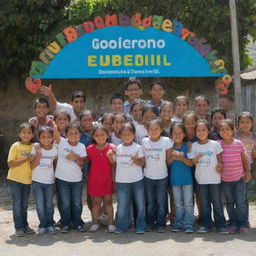 A cheerful scene of diverse children gathered around a vibrant sign that reads 'GOBIERNO ESTUDIANTIL'.