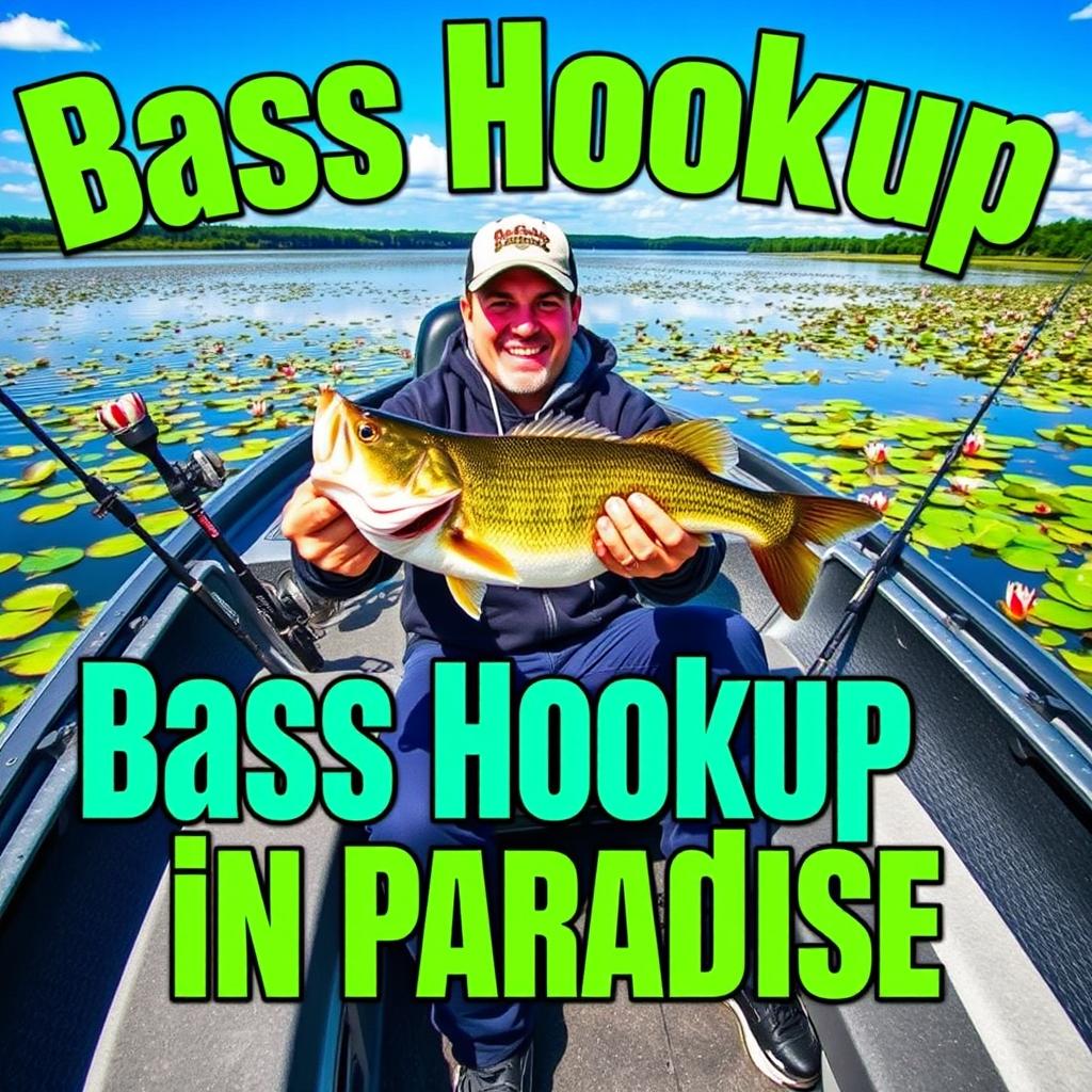 The text "Bass Hookup in Paradise" is presented in bold, eye-catching colors such as bright greens and blues to reflect the outdoor theme