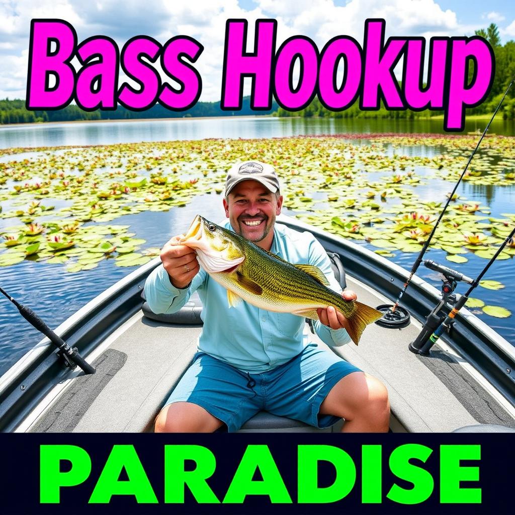 The text "Bass Hookup in Paradise" is presented in bold, eye-catching colors such as bright greens and blues to reflect the outdoor theme