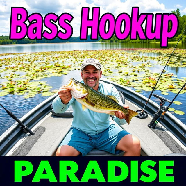 The text "Bass Hookup in Paradise" is presented in bold, eye-catching colors such as bright greens and blues to reflect the outdoor theme