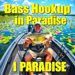 The text "Bass Hookup in Paradise" is presented in bold, eye-catching colors such as bright greens and blues to reflect the outdoor theme