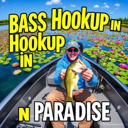 The text "Bass Hookup in Paradise" is presented in bold, eye-catching colors such as bright greens and blues to reflect the outdoor theme