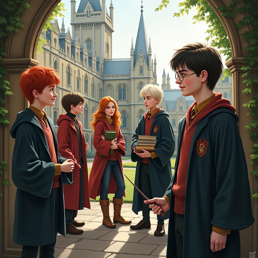 A scene featuring all main characters from the Harry Potter series, set in an Oxford University backdrop