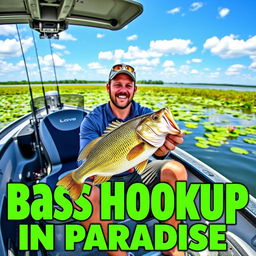 The text "Bass Hookup in Paradise" is displayed in bold, vibrant colors like bright green and blue, enhancing its outdoor appeal