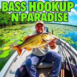 The text "Bass Hookup in Paradise" is displayed in bold, vibrant colors like bright green and blue, enhancing its outdoor appeal