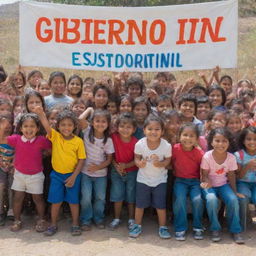 A cheerful scene of diverse children gathered around a vibrant sign that reads 'GOBIERNO ESTUDIANTIL'.