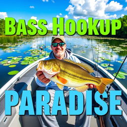 The text "Bass Hookup in Paradise" is displayed in bold, vibrant colors like bright green and blue, enhancing its outdoor appeal