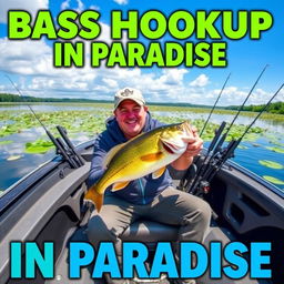 The text "Bass Hookup in Paradise" is displayed in bold, vibrant colors like bright green and blue, enhancing its outdoor appeal