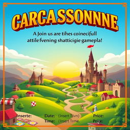 A vibrant poster invitation for a board game event themed around the popular game "Carcassonne"