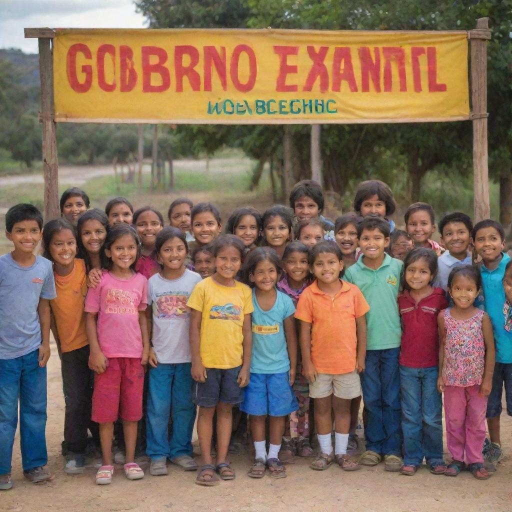 A cheerful scene of diverse children gathered around a vibrant sign that reads 'GOBIERNO ESTUDIANTIL'.