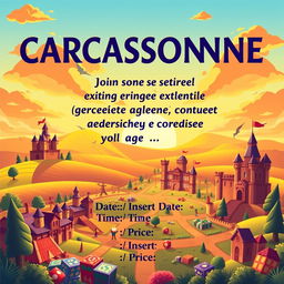 A vibrant poster invitation for a board game event themed around the popular game "Carcassonne"