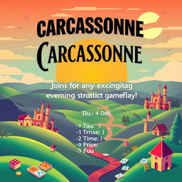 A vibrant poster invitation for a board game event themed around the popular game "Carcassonne"