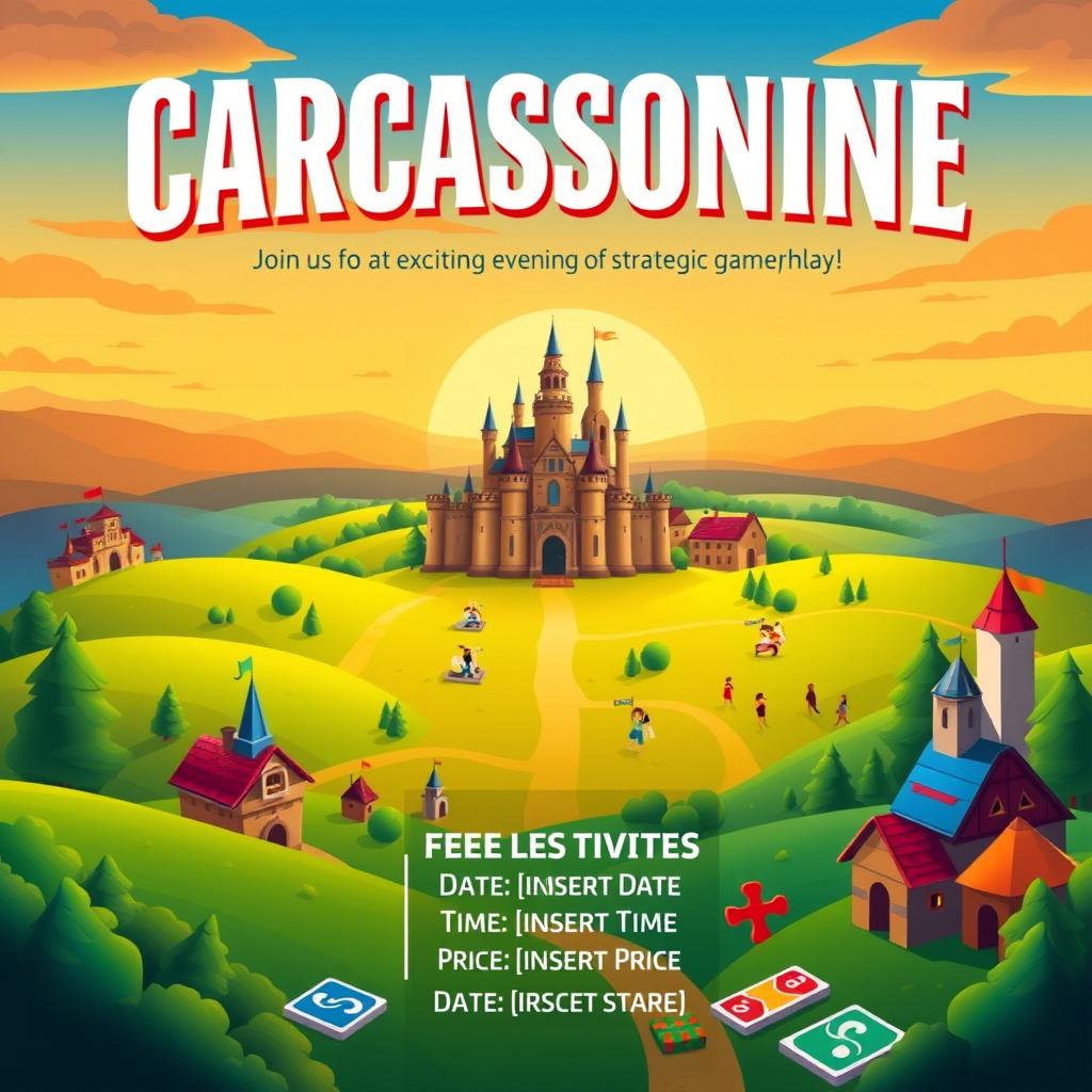 A vibrant poster invitation for a board game event themed around the popular game "Carcassonne"