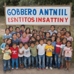 A cheerful scene of diverse children gathered around a vibrant sign that reads 'GOBIERNO ESTUDIANTIL'.