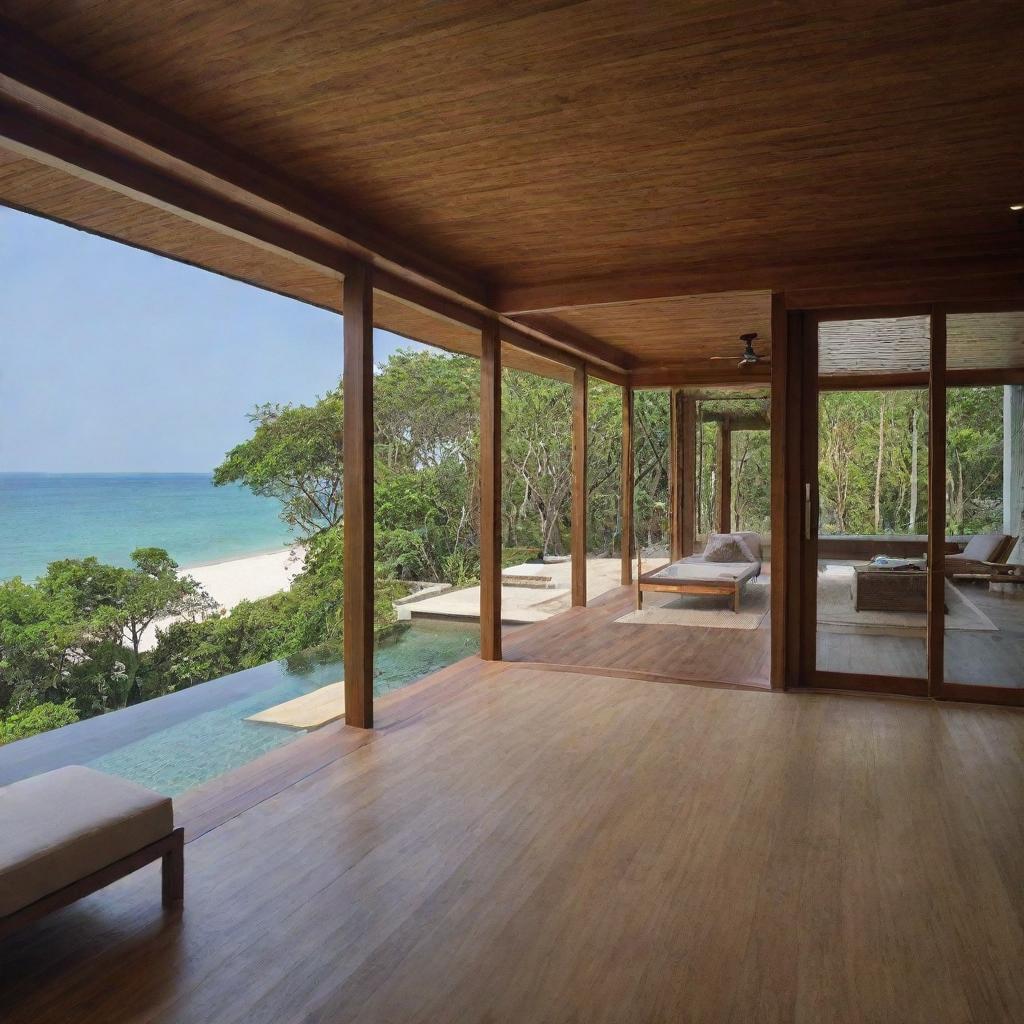 A small modern beach house radiating Thai vibes, with its traditional Thai architecture blended with modern elements, offering views of the stunning Andaman Sea.