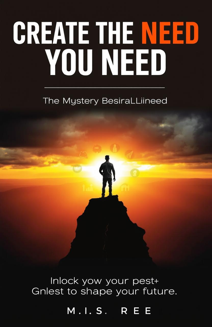 A symbolic book cover for "Create the Need You Need: The Mystery Behind Your Past Setbacks" featuring a silhouette of a person standing on a cracked cliff, gazing at a horizon that transitions from dark stormy clouds to a vibrant, bright sunrise