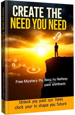 A symbolic book cover for "Create the Need You Need: The Mystery Behind Your Past Setbacks" featuring a silhouette of a person standing on a cracked cliff, gazing at a horizon that transitions from dark stormy clouds to a vibrant, bright sunrise