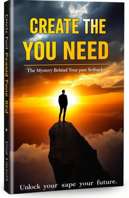 A symbolic book cover for "Create the Need You Need: The Mystery Behind Your Past Setbacks" featuring a silhouette of a person standing on a cracked cliff, gazing at a horizon that transitions from dark stormy clouds to a vibrant, bright sunrise