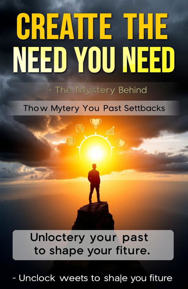 A symbolic book cover for "Create the Need You Need: The Mystery Behind Your Past Setbacks" featuring a silhouette of a person standing on a cracked cliff, gazing at a horizon that transitions from dark stormy clouds to a vibrant, bright sunrise