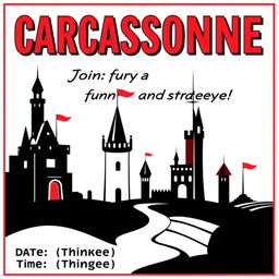 A retro cartoon minimalism style poster invitation for a board game event centered around the game "Carcassonne"