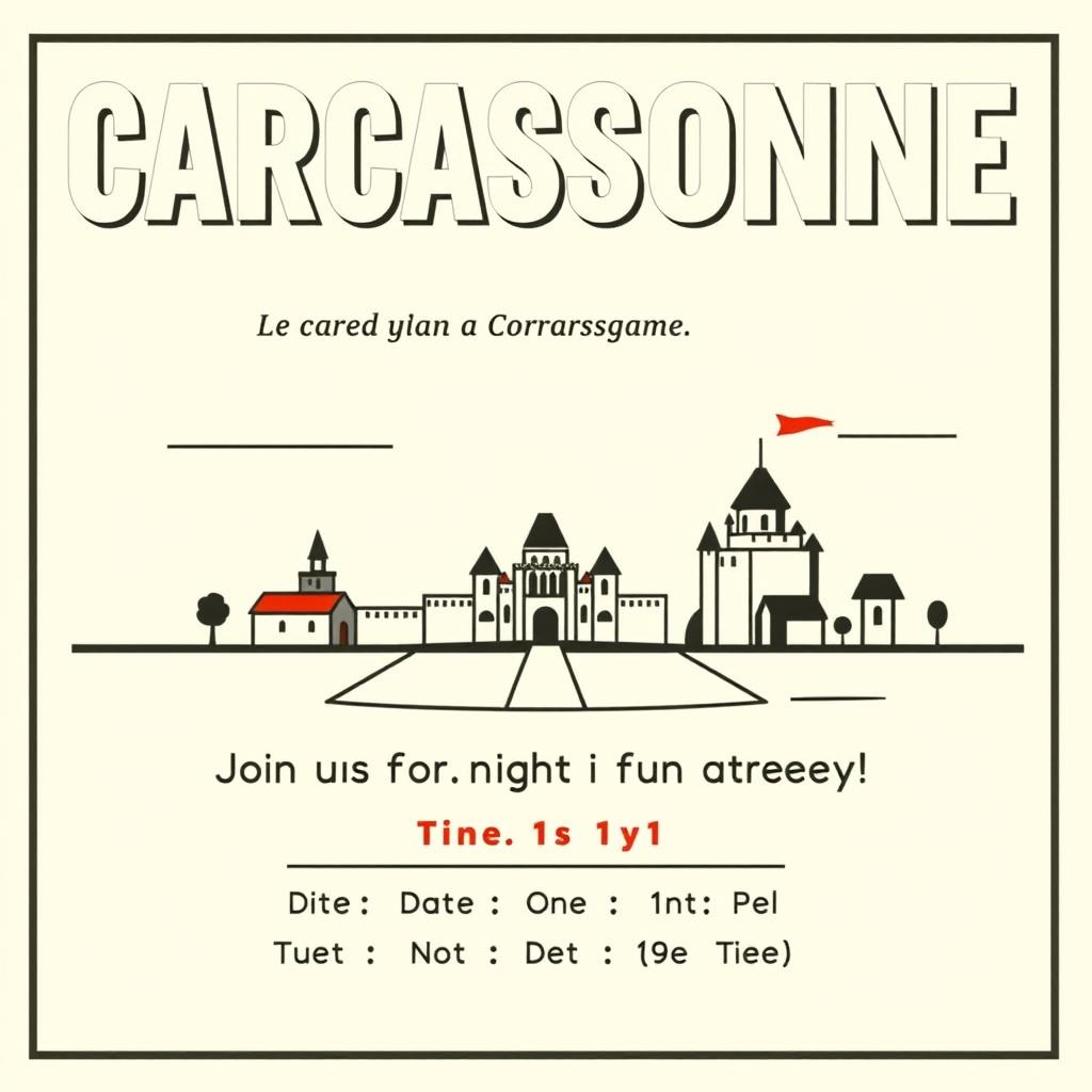 A retro cartoon minimalism style poster invitation for a board game event centered around the game "Carcassonne"