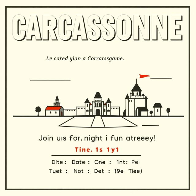 A retro cartoon minimalism style poster invitation for a board game event centered around the game "Carcassonne"