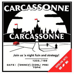 A retro cartoon minimalism style poster invitation for a board game event centered around the game "Carcassonne"