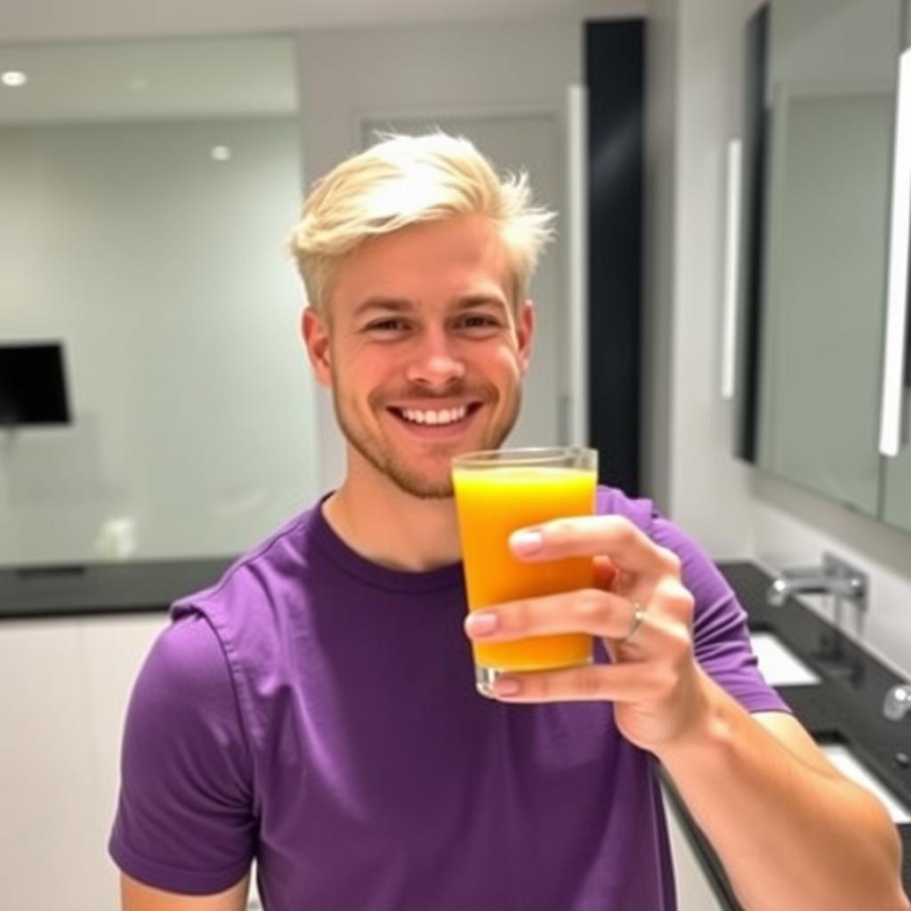 A man taking a selfie in a bathroom, smiling and holding a glass of orange juice