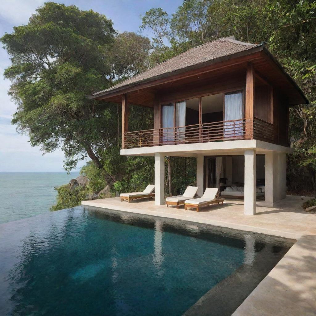 A small modern beach house radiating Thai vibes, with its traditional Thai architecture blended with modern elements, offering views of the stunning Andaman Sea.