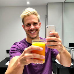 A man taking a selfie in a bathroom, smiling and holding a glass of orange juice