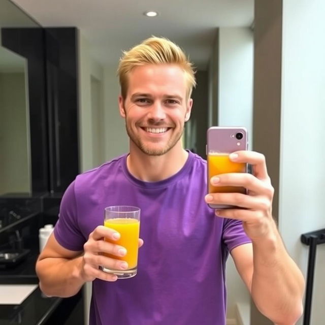 A man taking a selfie in a bathroom, smiling and holding a glass of orange juice