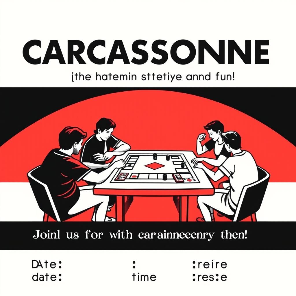 A retro cartoon minimalism style poster invitation for a board game event featuring the game "Carcassonne"